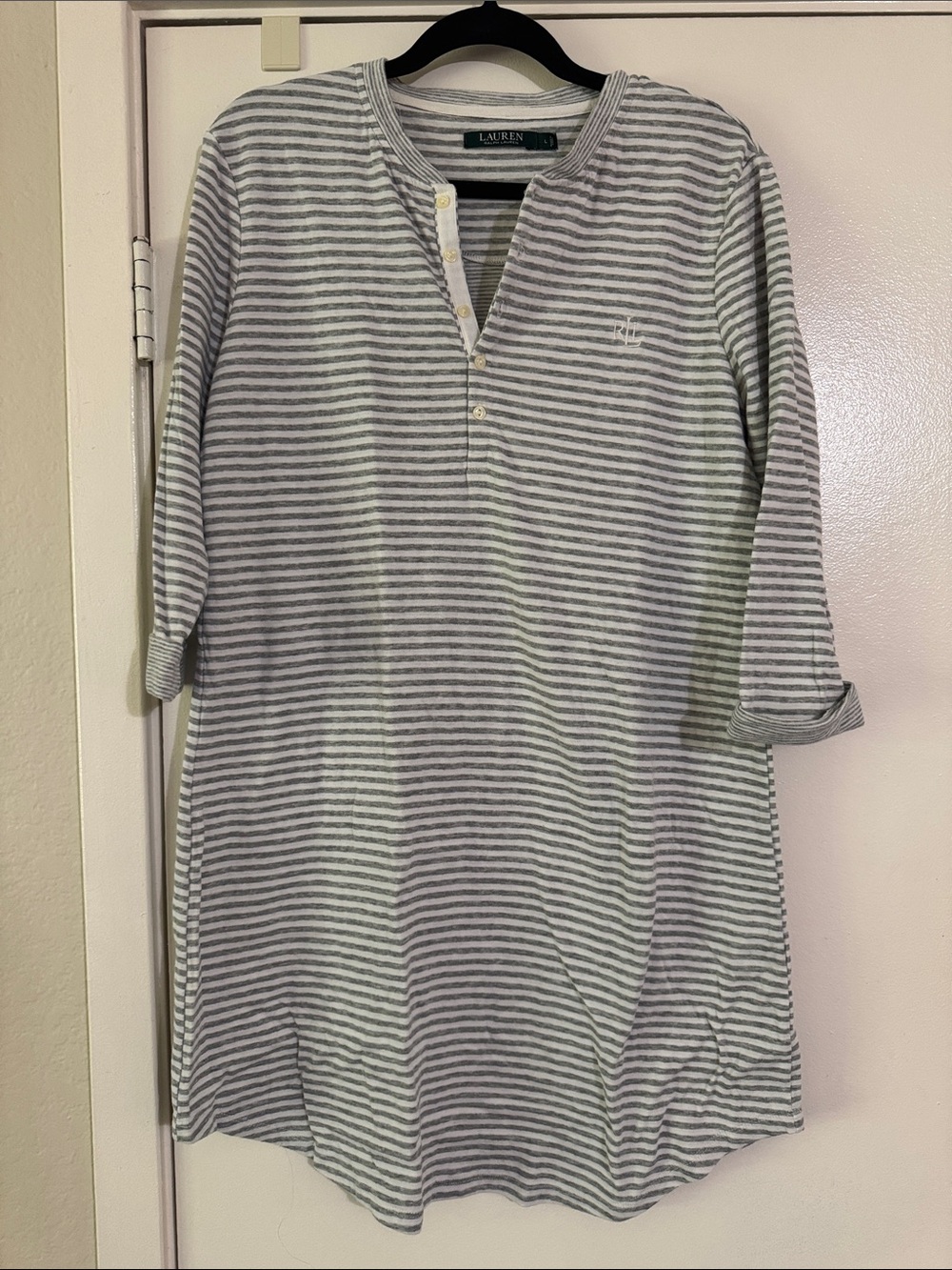 Lauren Ralph Lauren Gray and White Striped Long-Sleeve Tunic Nightgown Sleep PJ